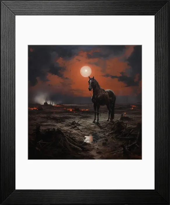 Framed Print : AI IMAGE - Illustration of a horse in a World War I battlefield setting, 2023. Creator: Heritage Images Framed Print : AI IMAGE - Illustration of a horse in a World War I battlefield setting, 2023. Creator: Heritage Images
