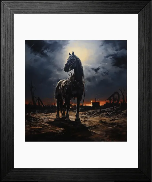 Framed Print : AI IMAGE - Illustration of a horse in a World War I battlefield setting, 2023. Creator: Heritage Images Framed Print : AI IMAGE - Illustration of a horse in a World War I battlefield setting, 2023. Creator: Heritage Images