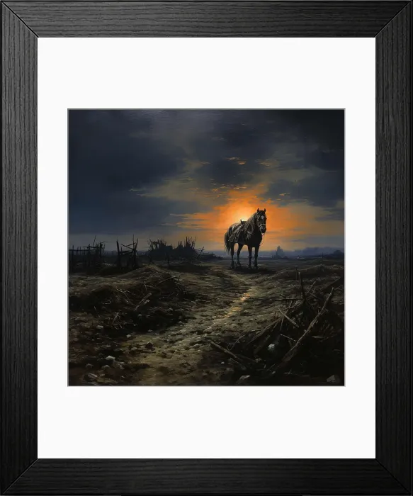 Framed Print : AI IMAGE - Illustration of a horse in a World War I battlefield setting, 2023. Creator: Heritage Images Framed Print : AI IMAGE - Illustration of a horse in a World War I battlefield setting, 2023. Creator: Heritage Images