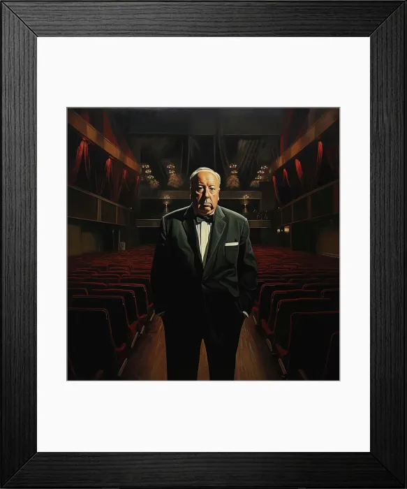 Framed Print : AI IMAGE - Portrait of Alfred Hitchcock in the cinema, 1970s, (2023). Creator: Heritage Images Framed Print : AI IMAGE - Portrait of Alfred Hitchcock in the cinema, 1970s, (2023). Creator: Heritage Images