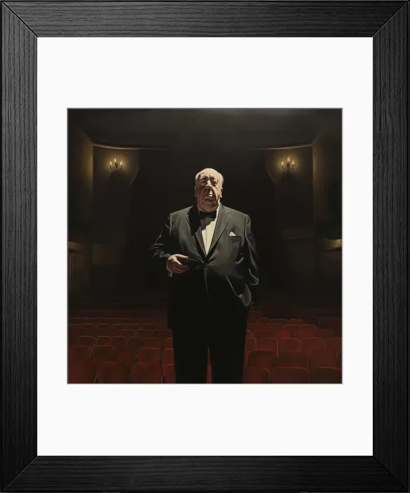 Framed Print : AI IMAGE - Portrait of Alfred Hitchcock in the cinema, 1970s, (2023). Creator: Heritage Images Framed Print : AI IMAGE - Portrait of Alfred Hitchcock in the cinema, 1970s, (2023). Creator: Heritage Images
