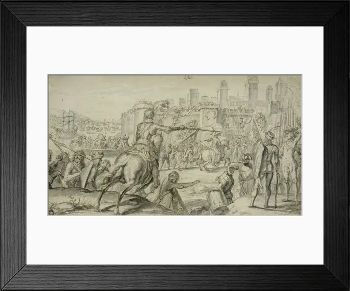 Framed Print : Lisbon Captured by French Troops under Robert of Normandy. Creator: Crispijn van de Passe Framed Print : Lisbon Captured by French Troops under Robert of Normandy. Creator: Crispijn van de Passe
