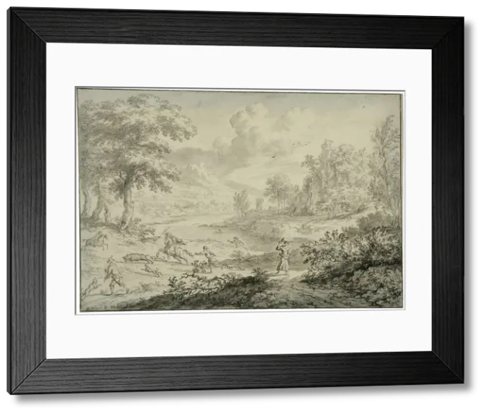 Framed Print : Italian landscape with wild boar hunting. Creator: Dirck Dalens II Framed Print : Italian landscape with wild boar hunting. Creator: Dirck Dalens II