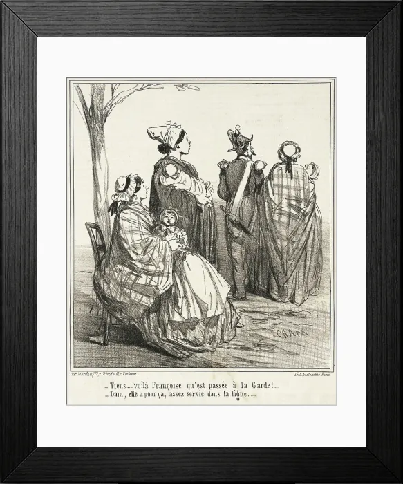 Framed Print : Tiens...Voilà Françoise qu'est passée à la Guarde!...-Dam, elle a pour ça, assez servi... 1860. Creator: Cham Framed Print : Tiens...Voilà Françoise qu'est passée à la Guarde!...-Dam, elle a pour ça, assez servi... 1860. Creator: Cham