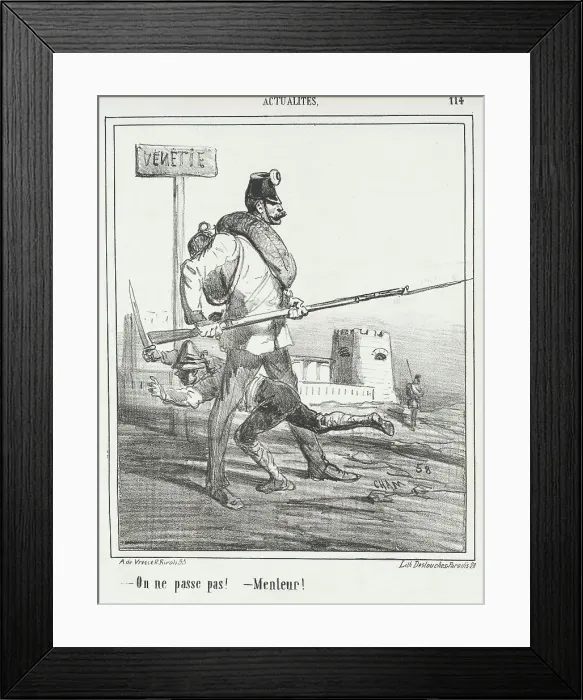 Framed Print : Venetie: On ne passe pas! -Menteur!, 1866. Creator: Cham Framed Print : Venetie: On ne passe pas! -Menteur!, 1866. Creator: Cham