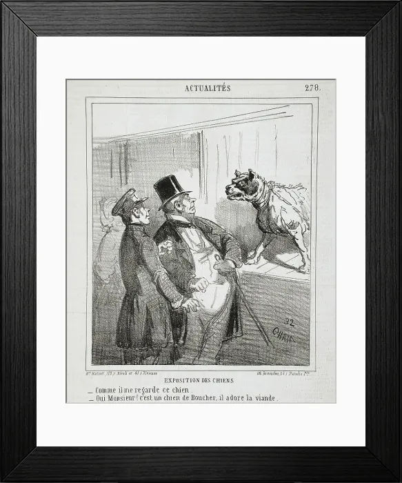 Framed Print : Français : Exposition des chiens: Comme il me regarde ce chien. -Oui Monsieur! c'est un... 1865. Creator: Cham Framed Print : Français : Exposition des chiens: Comme il me regarde ce chien. -Oui Monsieur! c'est un... 1865. Creator: Cham