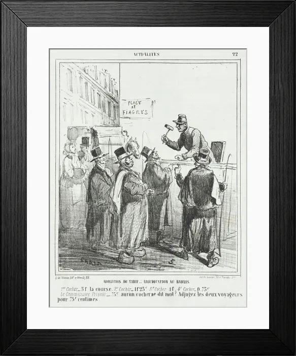 Framed Print : Abolition du tarif - Adjudication au rabais -ler cocher: 3f la course -2em cocher... 1866. Creator: Cham Framed Print : Abolition du tarif - Adjudication au rabais -ler cocher: 3f la course -2em cocher... 1866. Creator: Cham