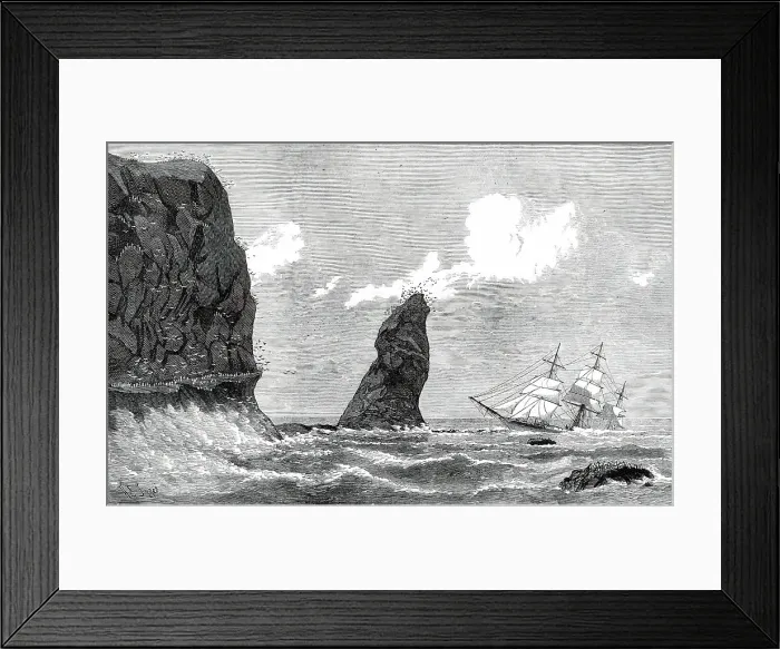 Framed Print : The Strathmore on the Crozet Islands, sketched by the carpenter of the ship, 1876. Creator: H. E. Tozer Framed Print : The Strathmore on the Crozet Islands, sketched by the carpenter of the ship, 1876. Creator: H. E. Tozer