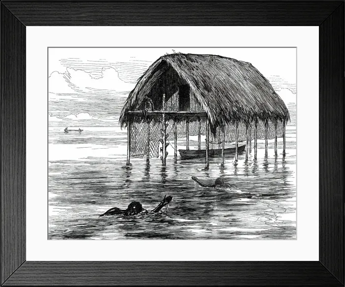 Framed Print : Lieutenant Cameron's Sketches in Central Africa: a lake dwelling on Lake Moheya, 1876. Creator: Unknown Framed Print : Lieutenant Cameron's Sketches in Central Africa: a lake dwelling on Lake Moheya, 1876. Creator: Unknown