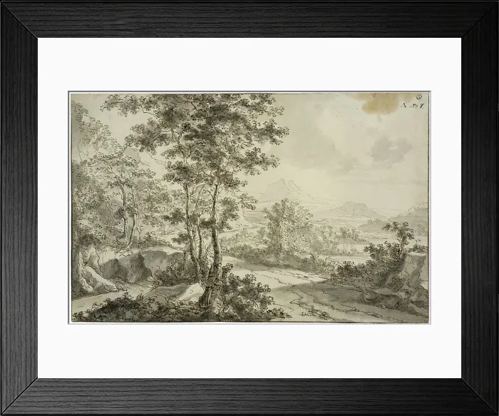 Framed Print : Italian landscape with a road winding along a mountainside. Creator: Unknown Framed Print : Italian landscape with a road winding along a mountainside. Creator: Unknown