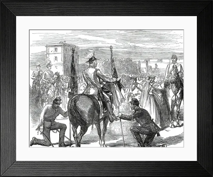 Framed Print : Presentation of Colours to the 98th Regiment by the Prince of Wales at Malta, 1876. Creator: Unknown Framed Print : Presentation of Colours to the 98th Regiment by the Prince of Wales at Malta, 1876. Creator: Unknown