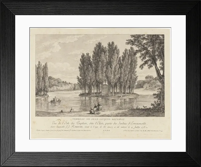 Framed Print : Jean Jacques Rousseau's grave care. View of L'île des Peupliers, called L'Elisée, the park... 1778. Creator: Jean-Michel Moreau Framed Print : Jean Jacques Rousseau's grave care. View of L'île des Peupliers, called L'Elisée, the park... 1778. Creator: Jean-Michel Moreau