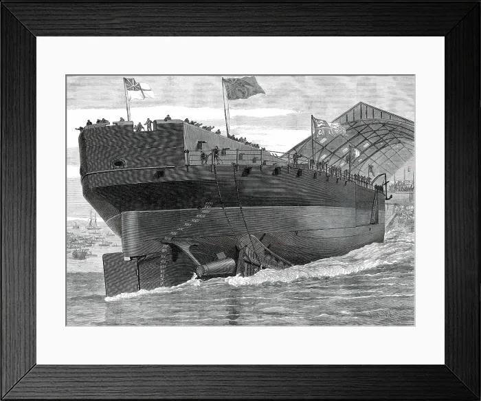 Framed Print : Launch of the Inflexible at Portsmouth Dockyard: stern view of the ship, 1876. Creator: Josiah Robert Wells Framed Print : Launch of the Inflexible at Portsmouth Dockyard: stern view of the ship, 1876. Creator: Josiah Robert Wells