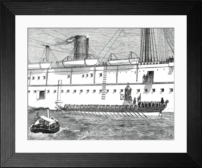 Framed Print : The King and Queen of Portugal going on board the Serapis in their State Barge...1876. Creator: L.B Framed Print : The King and Queen of Portugal going on board the Serapis in their State Barge...1876. Creator: L.B
