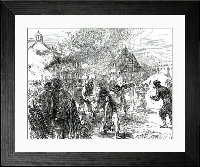 Framed Print : A Journey into the Herzegovina: Fire at a Gunpowder Depot at Grahovo, 1876. Creator: C.R Framed Print : A Journey into the Herzegovina: Fire at a Gunpowder Depot at Grahovo, 1876. Creator: C.R