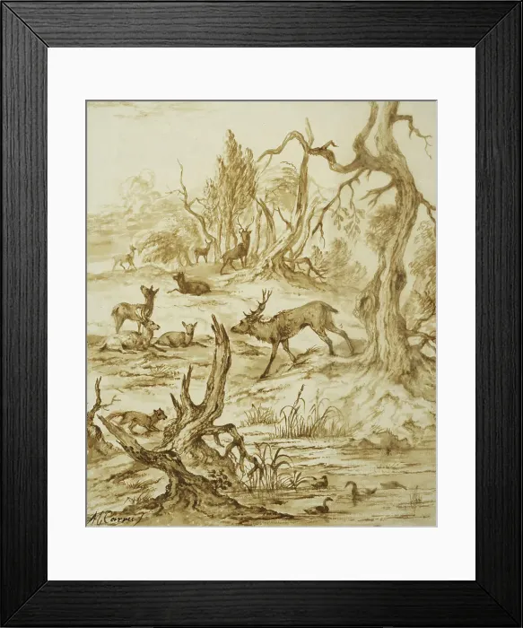 Framed Print : Landscape with deer, fox and ducks. Creator: Michiel Carree Framed Print : Landscape with deer, fox and ducks. Creator: Michiel Carree