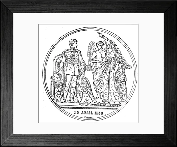 Framed Print : Medal Commemorative of the Marriage of the King of Portugal with the Princess Stephanie, 1858. Creator: Unknown Framed Print : Medal Commemorative of the Marriage of the King of Portugal with the Princess Stephanie, 1858. Creator: Unknown