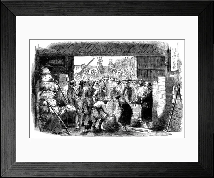 Framed Print : The 70th Bengal Native Infantry drawing rations at the Commissariat Stores, Canton, 1858. Creator: Unknown Framed Print : The 70th Bengal Native Infantry drawing rations at the Commissariat Stores, Canton, 1858. Creator: Unknown