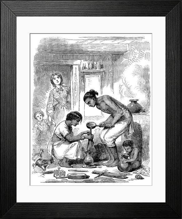 Framed Print : Indian Cook-house - Novel Mode of Straining Coffee, 1858. Creator: Unknown Framed Print : Indian Cook-house - Novel Mode of Straining Coffee, 1858. Creator: Unknown