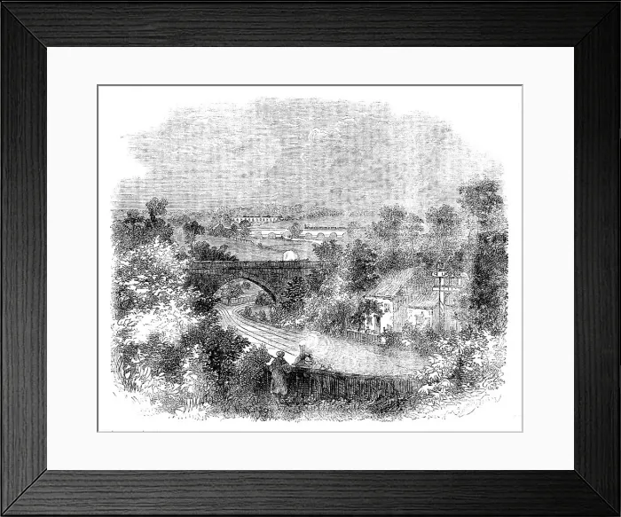 Framed Print : Steam locomotive approaching a bridge, 1858. Creator: Unknown Framed Print : Steam locomotive approaching a bridge, 1858. Creator: Unknown