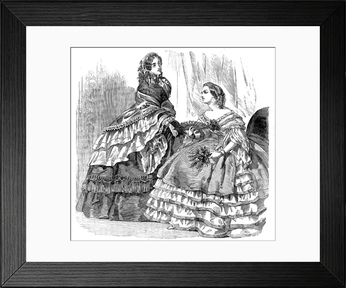 Framed Print : Fashions for August - Promenade or Carriage Costume, and Ball Dress, 1858. Creator: Unknown Framed Print : Fashions for August - Promenade or Carriage Costume, and Ball Dress, 1858. Creator: Unknown