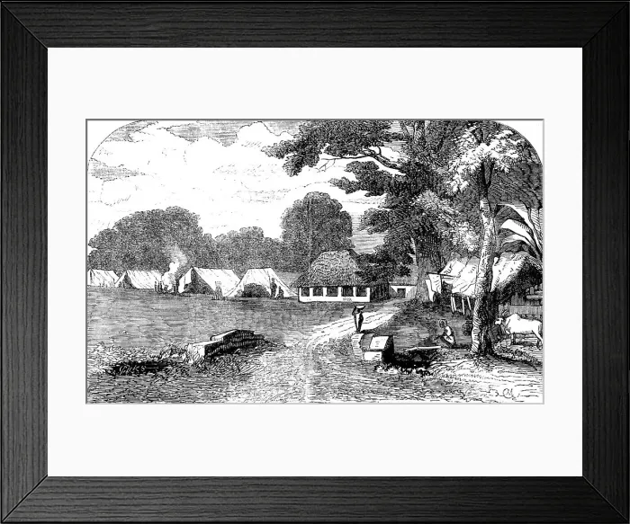 Framed Print : Sketches of Native Life in India - Sepoy Encampment at Barrackpore, 1858. Creator: Unknown Framed Print : Sketches of Native Life in India - Sepoy Encampment at Barrackpore, 1858. Creator: Unknown