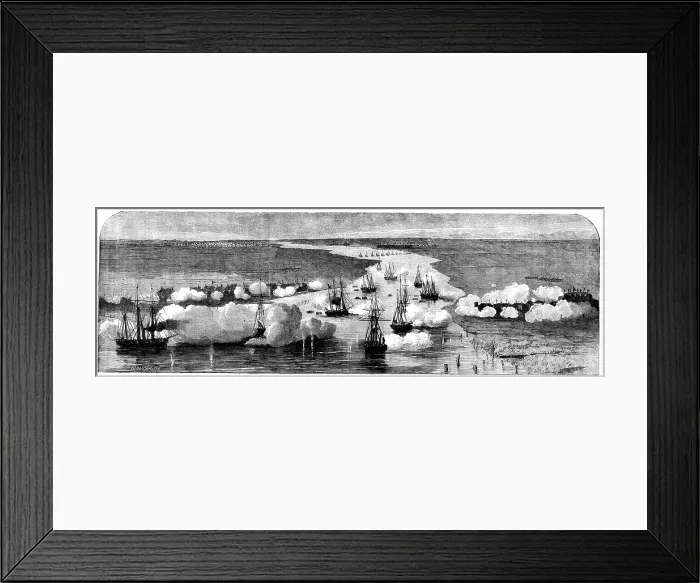 Framed Print : The Attack on the Peiho Forts by the English and French Fleets, 1858. Creator: Harvey Orrin Smith Framed Print : The Attack on the Peiho Forts by the English and French Fleets, 1858. Creator: Harvey Orrin Smith