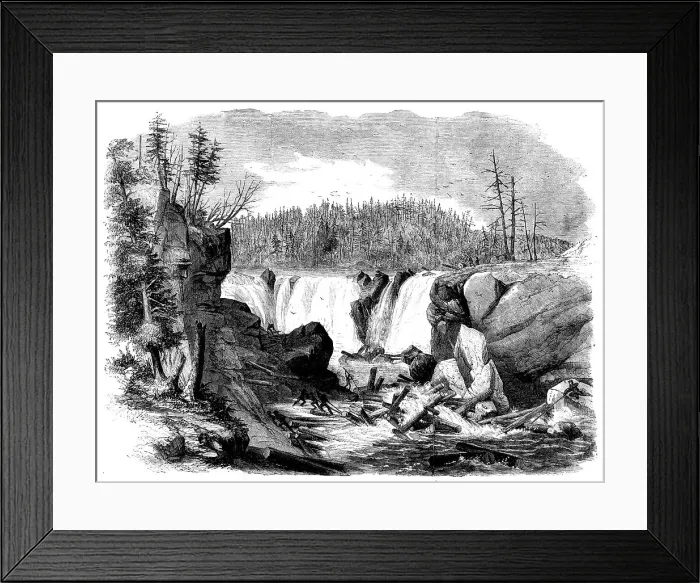 Framed Print : Lumbering in New Brunswick - Driving Logs down the Falls of the St. John, 1858. Creator: Unknown Framed Print : Lumbering in New Brunswick - Driving Logs down the Falls of the St. John, 1858. Creator: Unknown
