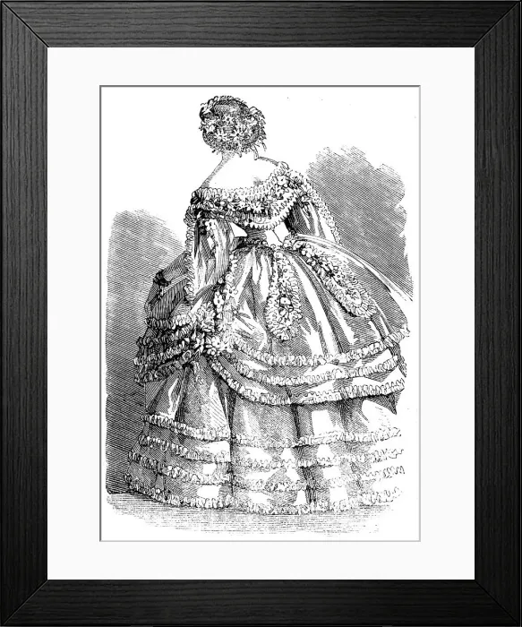 Framed Print : Fashions for November - Robe of White Crape over a slip of White Satin, 1858. Creator: Unknown Framed Print : Fashions for November - Robe of White Crape over a slip of White Satin, 1858. Creator: Unknown