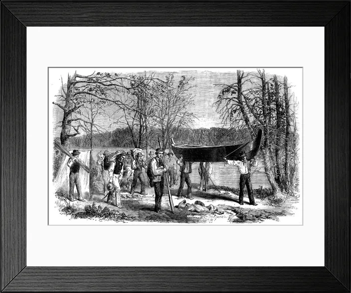 Framed Print : The Assiniboine and Saskatchewan Exploring Expedition - Portaging a Canoe and Baggage, 1858. Creator: Unknown Framed Print : The Assiniboine and Saskatchewan Exploring Expedition - Portaging a Canoe and Baggage, 1858. Creator: Unknown