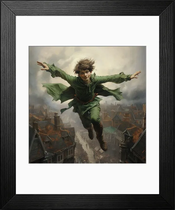 Framed Print : AI IMAGE - Portrait of Peter Pan flying over houses, 2023. Creator: Heritage Images Framed Print : AI IMAGE - Portrait of Peter Pan flying over houses, 2023. Creator: Heritage Images