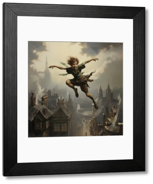 Framed Print : AI IMAGE - Portrait of Peter Pan flying over houses, 2023. Creator: Heritage Images Framed Print : AI IMAGE - Portrait of Peter Pan flying over houses, 2023. Creator: Heritage Images