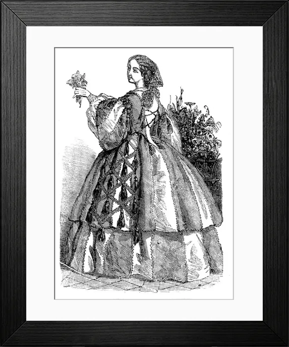 Framed Print : Fashions for November - Dress of Green and Grey Striped Silk, 1858. Creator: Unknown Framed Print : Fashions for November - Dress of Green and Grey Striped Silk, 1858. Creator: Unknown