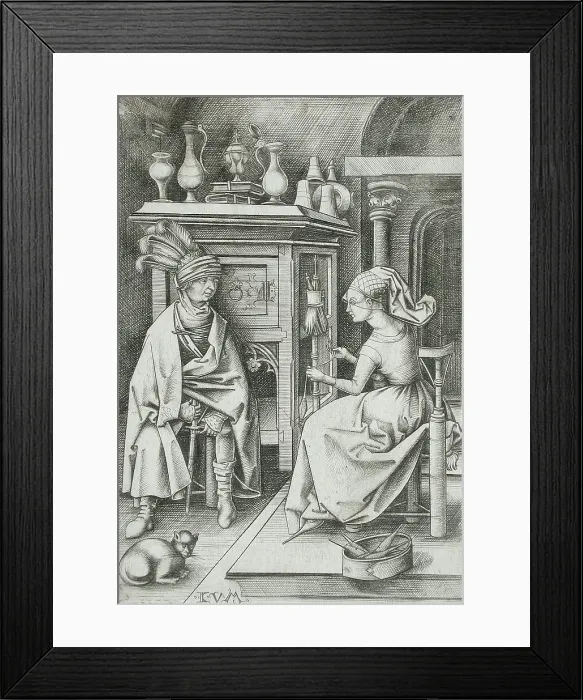 Framed Print : Woman Spinning and Visitor, between circa 1495 and circa 1503. Creator: Israhel van Meckenem Framed Print : Woman Spinning and Visitor, between circa 1495 and circa 1503. Creator: Israhel van Meckenem