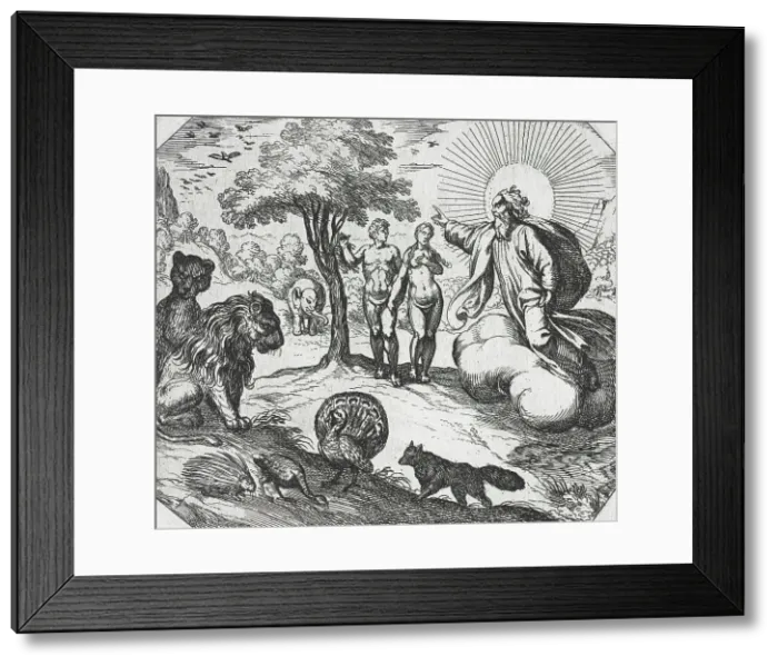 Framed Print : God Forbidding Adam and Eve to Eat of the Tree of Knowledge, 16th century. Creator: Antonio Tempesta Framed Print : God Forbidding Adam and Eve to Eat of the Tree of Knowledge, 16th century. Creator: Antonio Tempesta