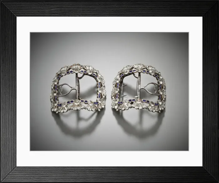 Framed Print : Pair of woman's shoe buckles, with paste stones, England, c.1780-1785. Creator: Unknown Framed Print : Pair of woman's shoe buckles, with paste stones, England, c.1780-1785. Creator: Unknown