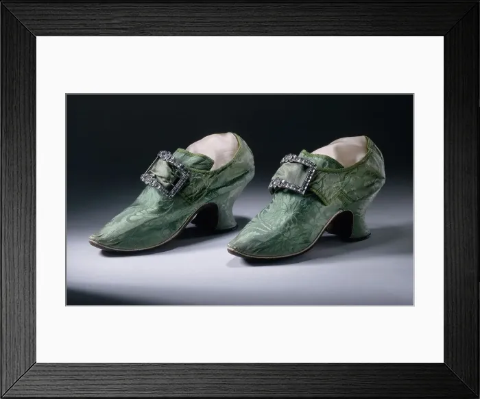 Framed Print : Pair of woman's silk damask shoes with buckles, between 1740 and 1750. Creator: Unknown Framed Print : Pair of woman's silk damask shoes with buckles, between 1740 and 1750. Creator: Unknown
