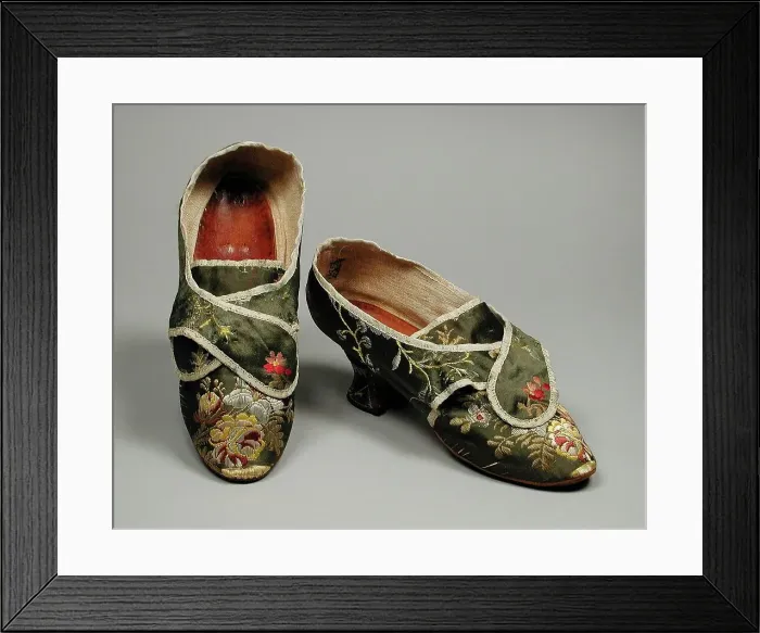 Framed Print : Pair of woman's shoes with straps for shoe buckles, England, c.1770. Creator: Unknown Framed Print : Pair of woman's shoes with straps for shoe buckles, England, c.1770. Creator: Unknown