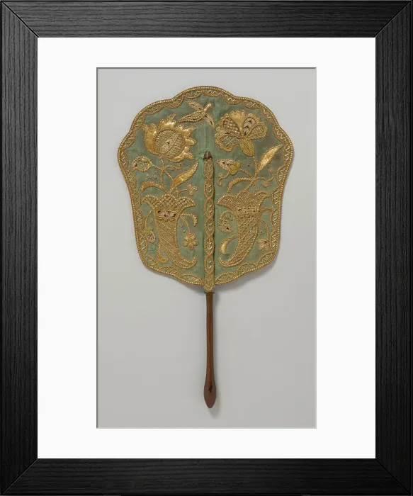 Framed Print : Fixed fan of green silk with straw embroidery and wooden handle, England, c.1740. Creator: Unknown