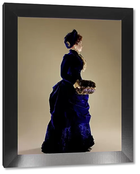 Woman's two-piece dress ensemble with matching hat, blue silk velvet. c.1880. Creator: Unknown