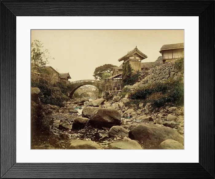 Framed Print : View on Amidabashi (Amida Bridge) over Nagasaki's Zeniyagawa (Zeniya River... 1865. Creator: Unknown) Framed Print : View on Amidabashi (Amida Bridge) over Nagasaki's Zeniyagawa (Zeniya River... 1865. Creator: Unknown)