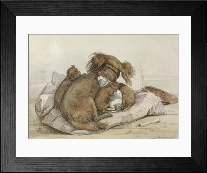 Framed Print : Spaniel With Puppies, 1840. Creator: Ernst Hasse Framed Print : Spaniel With Puppies, 1840. Creator: Ernst Hasse