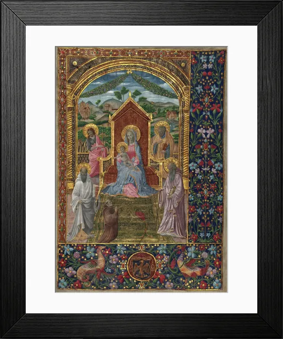 Framed Print : Virgin and Child with saints, 20th-century painting on 14th-century antiphonary. Creator: Venetian Forger Framed Print : Virgin and Child with saints, 20th-century painting on 14th-century antiphonary. Creator: Venetian Forger