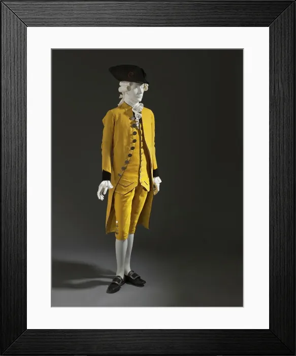Framed Print : Man's 3-piece suit (coat, waistcoat, and breeches), Spain, c.1785. Hat: c.1780.. Creator: Unknown Framed Print : Man's 3-piece suit (coat, waistcoat, and breeches), Spain, c.1785. Hat: c.1780.. Creator: Unknown