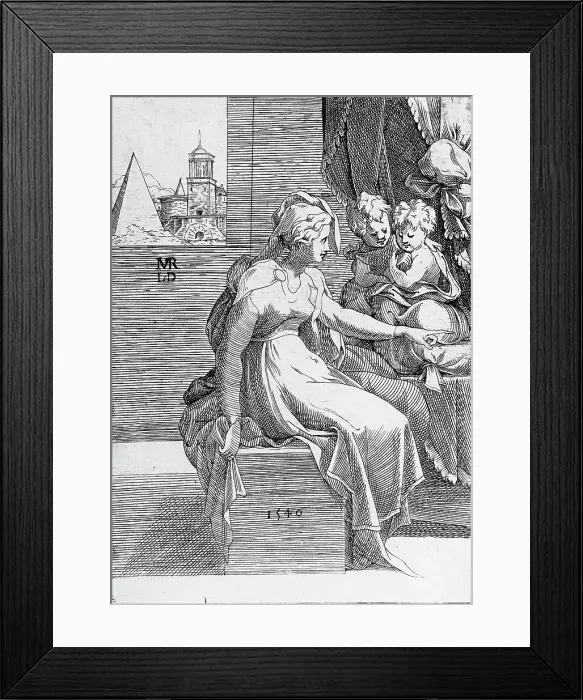 Framed Print : Young Woman in Antique Dress and Two Children, 1540. Creator: Leon Davent Framed Print : Young Woman in Antique Dress and Two Children, 1540. Creator: Leon Davent