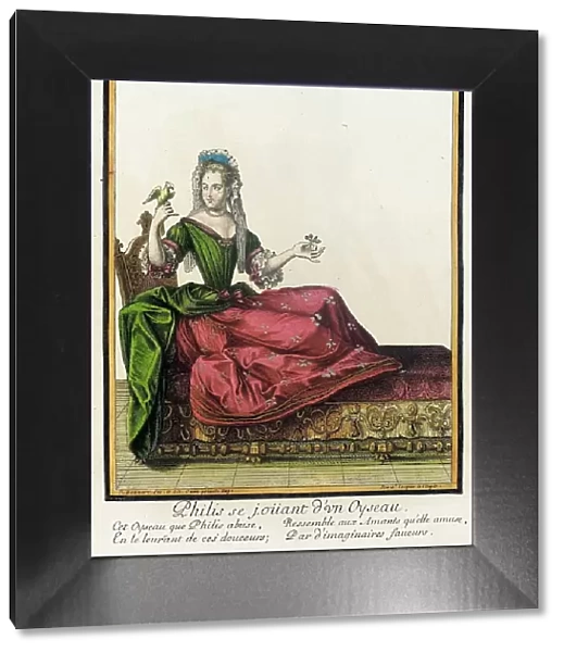 Recueil des modes de la cour de France, Philis se Joüant d'un Oyseau, between c1682 and c1686. Creator: Nicolas Bonnart