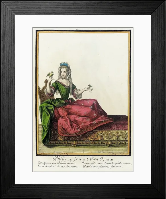 Framed Print : Recueil des modes de la cour de France, Philis se Joüant d'un Oyseau, between c1682 and c1686. Creator: Nicolas Bonnart Framed Print : Recueil des modes de la cour de France, Philis se Joüant d'un Oyseau, between c1682 and c1686. Creator: Nicolas Bonnart