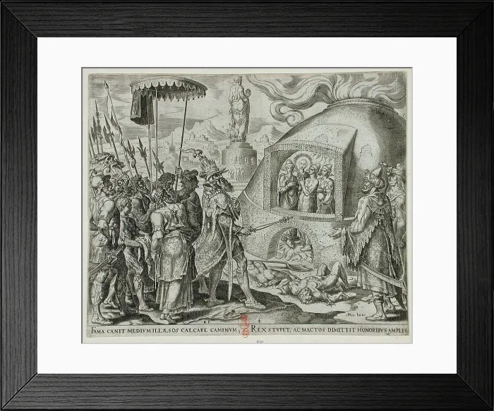 Framed Print : Nebuchadnezzar Seeing the Three Jews Unhurt in the Flames, 1565. Creators: Philip Galle, Nebuchadnezzar II Framed Print : Nebuchadnezzar Seeing the Three Jews Unhurt in the Flames, 1565. Creators: Philip Galle, Nebuchadnezzar II