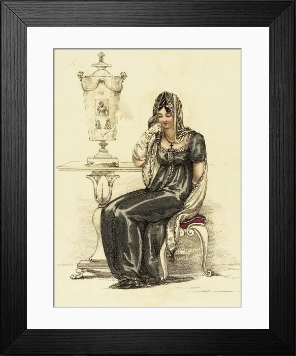 Framed Print : Fashion Plate (Evening Mourning Dress), 1810. Creator: Rudolph Ackermann Framed Print : Fashion Plate (Evening Mourning Dress), 1810. Creator: Rudolph Ackermann