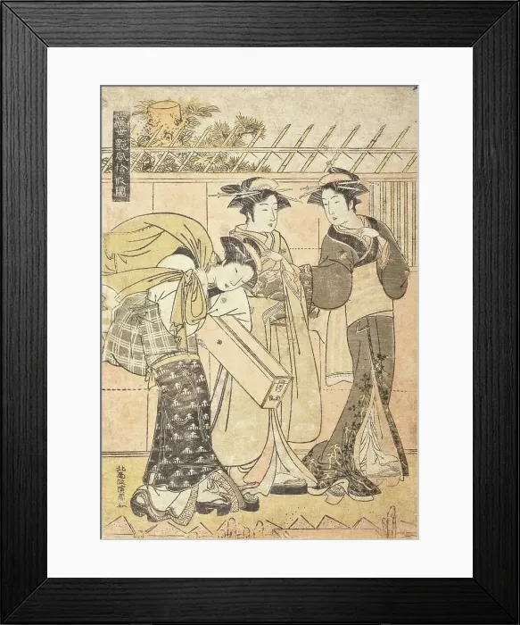 Framed Print : Geisha and Attendants by a Wharf in the Fukagawa district, c1780. Creator: Kitao Masanobu Framed Print : Geisha and Attendants by a Wharf in the Fukagawa district, c1780. Creator: Kitao Masanobu